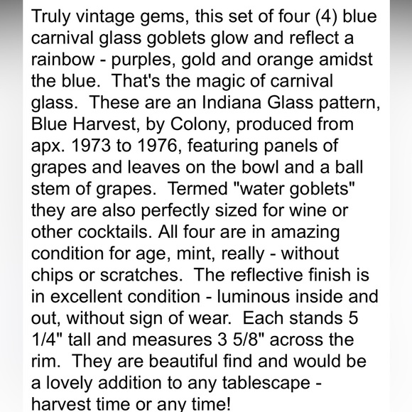 FOUR Vintage Colony by Indiana Glass Blue Harvest Carnival Glass Goblets MINT! - Picture 12 of 12